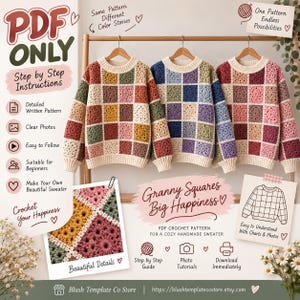 May include: Three crochet sweaters with a checkerboard pattern of multicolored granny squares, featuring cream-colored ribbed collars and cuffs. The image includes text promoting a PDF crochet pattern with step-by-step instructions.