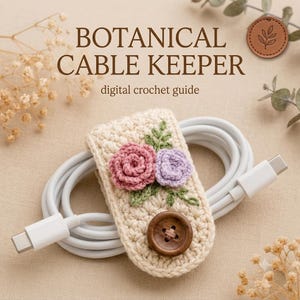 May include: A cream-colored crocheted cable keeper featuring a pink and a lavender rose appliqué with green leaves and a brown wooden button. The text BOTANICAL CABLE KEEPER digital crochet guide is displayed above the cable organizer.