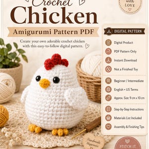 Può includere: Un modello digitale all'uncinetto in PDF per un pollo amigurumi. L'immagine mostra un pollo all'uncinetto bianco con cresta rossa, becco arancione e occhi neri. Il testo include Crochet Chicken Amigurumi Pattern PDF e BlushTemplateCoStore.