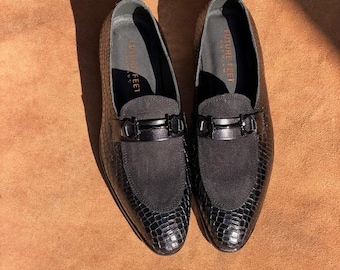 Handmade Black Croc Embossed Leather Loafers for Men | Premium Suede Dress Shoes | Luxury Slip-On Moccasins | Made in Ceylon Sri Lanka
