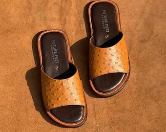 May include: A pair of tan slide sandals with a textured, dotted pattern on the wide strap. The footbed is dark brown with the text FUTURE FEET PREMIUM and the number 41 printed in white. The sandals feature a stitched edge around the sole.