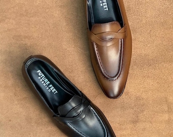 Herren handgefertigte Vollnarbenleder Penny Loafers | Ceylon Dress Slip-On Schuhe