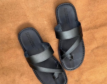 Men's Full Grain Leather Cross Strap Sandals, Handmade Ceylon Black Footwear