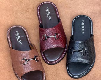 Full Grain Embossed Leather Slides, Ceylon Craftsmanship Summer Sandals