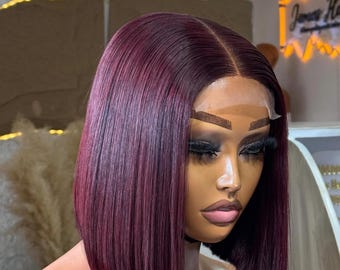 Parrucca liscia bordeaux da 25 cm (10 pollici) con capelli naturali / Chiusura 2x6 / 250 g di capelli naturali / Parrucca liscia di lusso