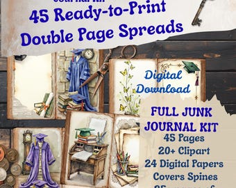 May include: A digital junk journal kit with a vintage graduation theme. The kit includes 45 ready-to-print double-page spreads, 20+ clipart, 24 digital papers, and more. The image features illustrations of graduation gowns, books, and decorative elements.