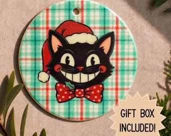 Black Cat Christmas Ornament | Retro Santa Cat Ornament