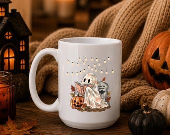 Halloween Book Lover Mug | Reading Ghost Ceramic Coffee Mug | Spooky Reader Gift