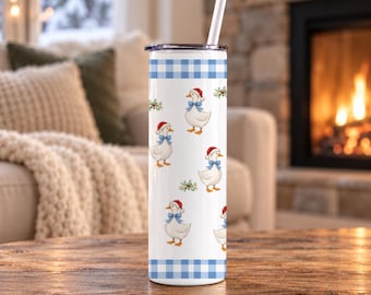 1980's Kitchen Geese Christmas Tumbler | Dressed Up Country Goose with Gingham Cup