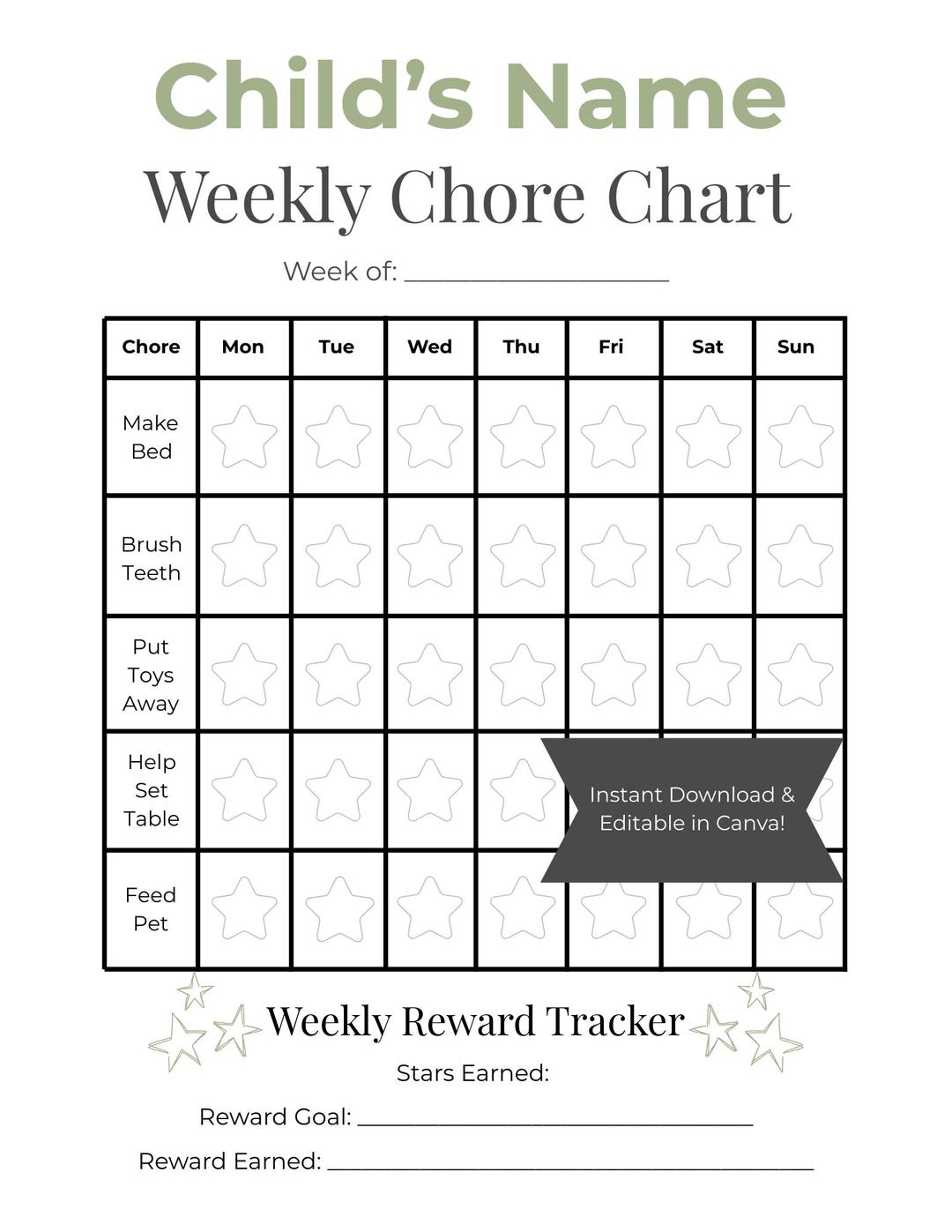 Editable Kids Chore Chart Template | Printable Weekly Reward Chart ...