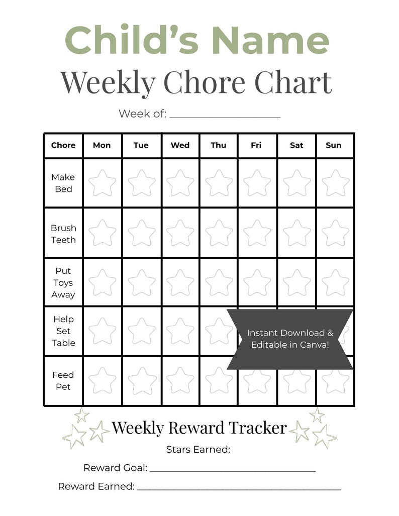 Editable Kids Chore Chart Template | Printable Weekly Reward Chart ...