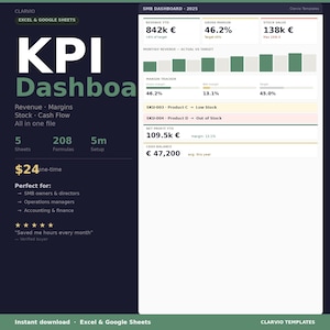 KPI Dashboard Excel Template — Small Business | Revenue, Margins, Stock & Cash Flow Tracker | Google Sheets