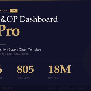 May include: A navy blue graphic with gold text reading "S&OP Dashboard Pro." Below, it states "Fashion Supply Chain Template." The graphic also displays the numbers 6, 805, and 18M, labelled as Tabs, Formulas, and Months. The text "Built by a Real Supply Planner" is also included.