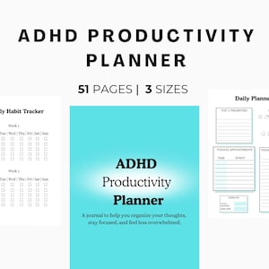 Puede incluir: Planificador de productividad TDAH con 51 páginas y 3 tamaños. El planificador incluye un rastreador de hábitos semanal y un planificador diario con secciones para las principales prioridades, citas y tareas pendientes. El texto dice: "Un diario para ayudarte a organizar tus pensamientos, mantenerte enfocado y sentirte menos abrumado."