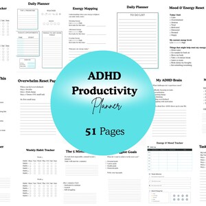 Könnte beinhalten: Ein weißer ADHD-Produktivitätsplaner mit 51 Seiten. Der Planer enthält Abschnitte für die Tagesplanung, die Gewohnheitsverfolgung, die Energiezuordnung und die Stimmungsverfolgung. Das Cover zeigt einen türkisfarbenen Kreis mit dem Titel in Schwarz und Weiß.
