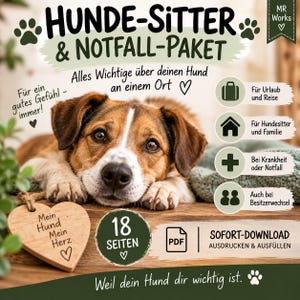 May include: A digital dog sitter and emergency information packet featuring a brown and white dog, a heart-shaped wooden tag with the text 'Mein Hund Mein Herz', and icons for travel, pet sitters, medical emergencies, and ownership changes.