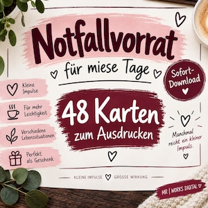 Può includere: Una stampa digitale con il testo tedesco Notfallvorrat für miese Tage, 48 Karten zum Ausdrücken e Sofort-Download. Il design presenta pennellate rosa, testo rosso scuro, icone a forma di cuore e piccoli simboli come una tazza e un regalo.