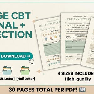 Stop Anxiety and Track Moods - 3 Page CBT Thought Record and Daily Reflection Mental Health Toolkit - Science Based Stress Relief Printable