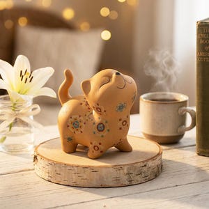 Może przedstawiać: Jasnobrązowa ceramiczna figurka kota z kwiatowymi wzorami, stojąca na drewnianym plastrze. Biała lilia w szklanym słoiku i filiżanka kawy również znajdują się na zdjęciu. Kot ma zamknięte oczy i się uśmiecha.