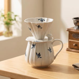 Handmålat keramiskt kaffedroppset, droppset med 280 ml kaffemugg, kaffebryggare med mugg, kaffebryggare i porslin, keramiskt kaffefilter