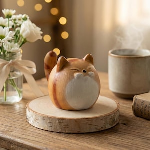 Puede incluir: Figura de gato de cerámica en tonos naranja y blanco, con los ojos cerrados y una expresión relajada. El gato está posado sobre una pequeña rodaja de madera redonda. Una taza de café y un jarrón con flores en el fondo.