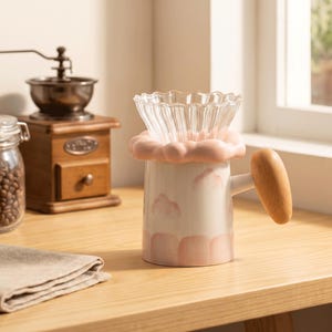 Può includere: Un filtro per caffè in ceramica con corpo bianco, motivi a nuvole rosa dipinti, bordo smerlato e manico in legno chiaro. La parte superiore è in vetro trasparente scanalato e la base è dotata di un anello in silicone rosa a forma di nuvola.