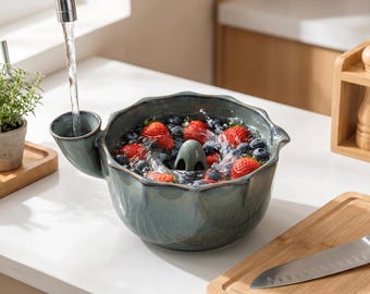 Ceramics Berry Washing Bowl with Drain Spout, Fruit Rinsing, Farmhouse Prep Bowl for Berries & Veggies,Tabletop Decor, Housewarming Gift