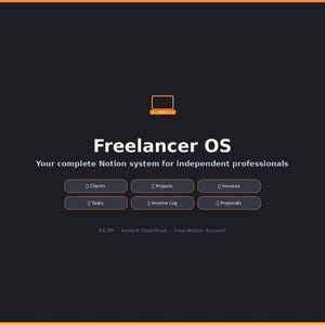Könnte beinhalten: Eine digitale Benutzeroberfläche für "Freelancer OS", ein Notion-System für Freiberufler. Die Oberfläche zeigt Schaltflächen für Kunden, Projekte, Rechnungen, Aufgaben, Einnahmenprotokoll und Angebote. Der Hintergrund ist dunkel mit orangefarbenen Akzenten.