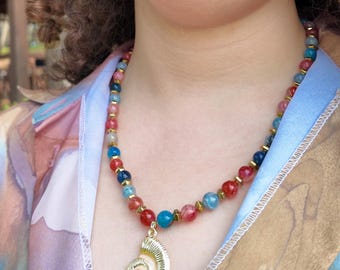 Handmade Coral Agate Necklace, Gold Spiral Shell Pendant, Statement Jewelry
