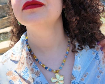 Blue Agate Necklace with Gold Flower Pendant, Mustard Olive Accent Beads