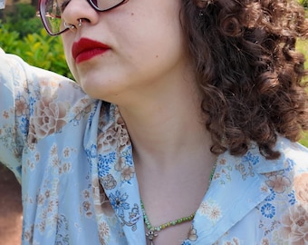 Mint Green Necklace, Pierced Silver Pendant, Mustard Yellow Accent Stone Beads