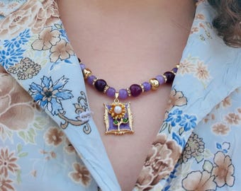 Lilac Necklace, Enamel Flower Pendant, 20 Inch Purple Stone Beads, Layering Piece for Her