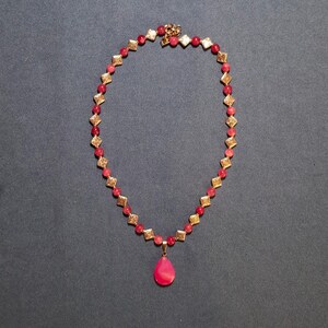 Magenta Beaded Necklace, Agate Teardrop Pendant, Handmade Boho Ethnic Silver Jewelry for Her image 2