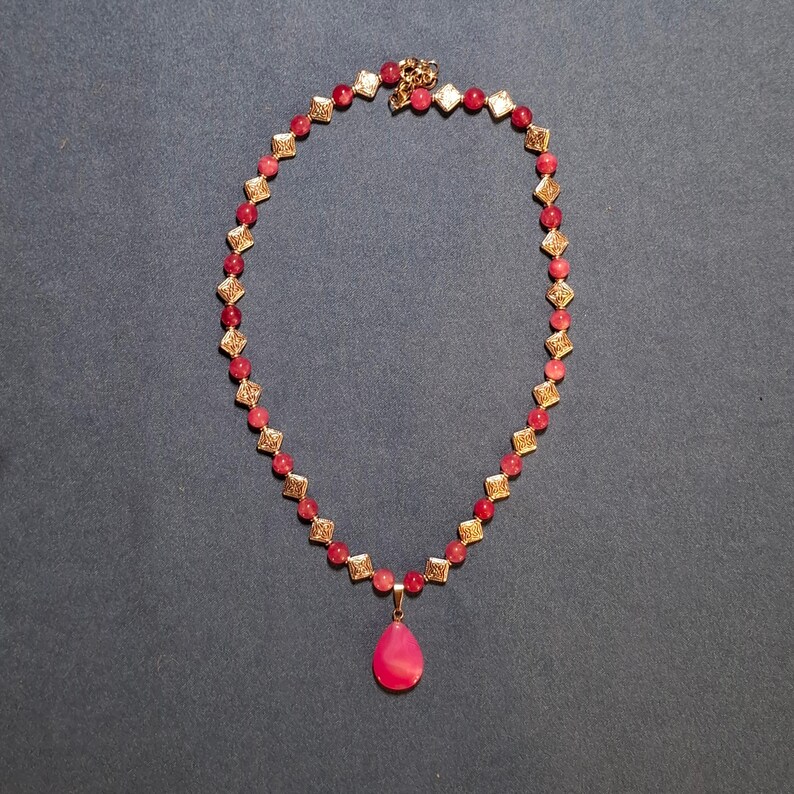 Magenta Beaded Necklace, Agate Teardrop Pendant, Handmade Boho Ethnic Silver Jewelry for Her image 2