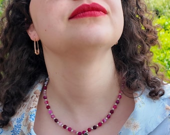 Pink Agate Heart Pendant Necklace, Iridescent Gemstone, 17.5 Inch Layering Piece