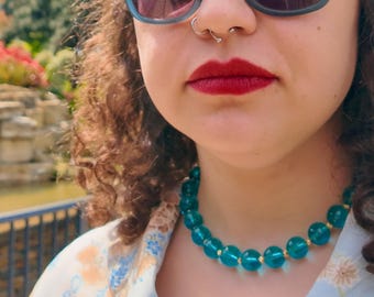 Teal Blue Gemstone Necklace, 12 mm Transparent Round Beads, 16.5 Inch