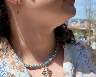 Teal Necklace, Iridescent Blue Stone Beads, Ribbed Gold Pendant, 17 Inch, Chunky Boho Jewellery