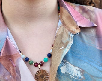 Colorful Beaded Necklace, Gold Sunburst Pendant, 20 Inch Rainbow Gemstone Mix