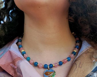 Blue Quartz Necklace with Pink Beads, Gold Enamel Pendant, 20 Inch, Chunky Boho Jewellery