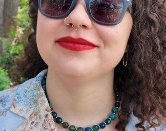 Forest Green Agate Necklace, Teal and Black Stone Beads, 16.5 Inch