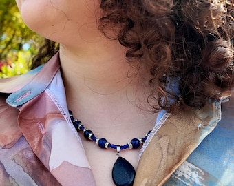 Lapislazuli Ketting Indigo, Druppelhanger 25 mm, 50 cm Parel