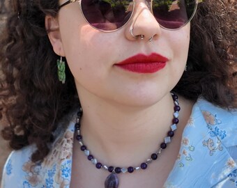 Amethyst Halskette mit Tropfen Anhänger, lila Perlen, Silberton, 17 Zoll