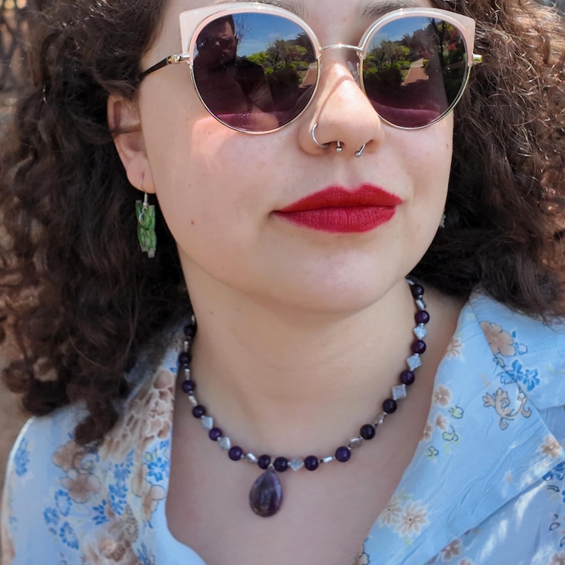Purple Amethyst Beaded Necklace: Banded Teardrop Pendant — additional view 1
