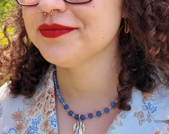Denim Blue Quartz Necklace, Gold Wave Pendant, 17.5 Inch Boho Jewelry