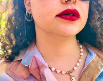 Pink Crab Agate Necklace, Boho Crown Pendant, Handmade Ethnic Beaded Jewelry, Gift for Her