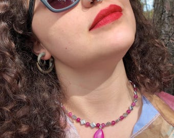 Magenta Pink Quartz Necklace, Agate Teardrop Pendant, 16 Inch Beads, Boho Gift for Her