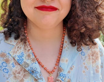 Fire Agate Necklace, Gold Swirl Pendant, 20 Inch Rust Orange Stone Beads