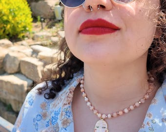 Peach Quartz Necklace, Cream Enamel Face Pendant, 17 Inch Blush Stone Beads