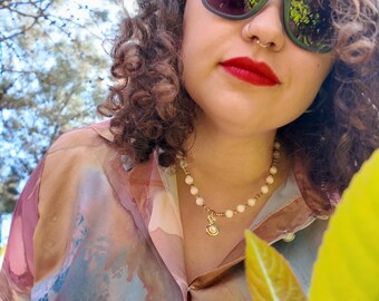 Crab Agate Necklace, Gold Crown Pendant, 16.5 Inch Pink Stone Beads, Handmade Anniversary Gift