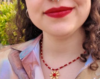 Red Stone Necklace, Gold Daisy Flower Pendant, 16.5 Inch Cherry Beads